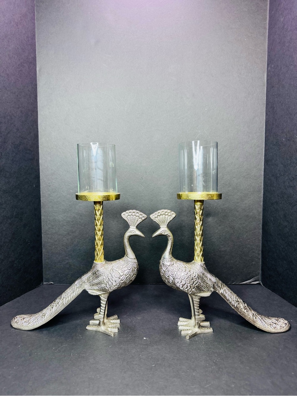 Pair of Peacock Candle Holders 11” Tall Metal Silver Gold Finish W Glass Wotives